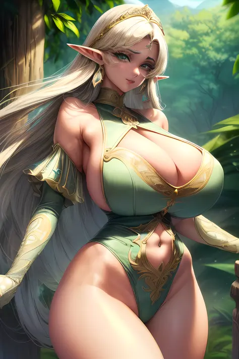 (Ultra Quality,Unparalleled Masterpiece:1.4)Overwhelmingly Pixel-Perfect,Ultra-Detailed CG 4K,(Ultra-Detailed Clear Absurdly-Vivid Jade Big Eyes:1.2),Gorgeous Round Detailed Face(Voluptuous:1.4)Elf(Gigantic Breasts:1.8)(Voluminous Long Blonde Hair: 1.4),(B...