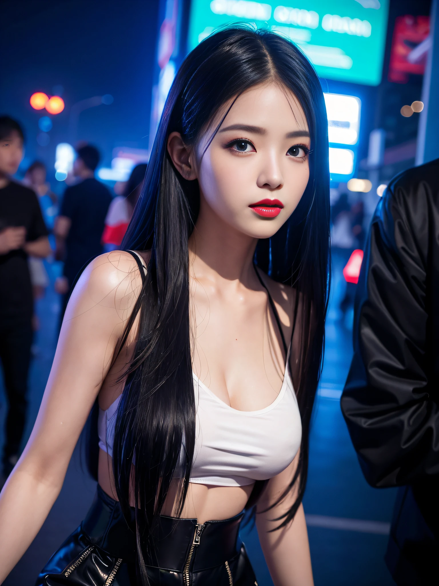 A girl, long hair, half picture, city, future, science fiction, black silk, shorts, night scene, midnight, blue light, neon, night, face close-up, delicate features, beautiful girl, beauty, charming,fashi-girl,red lips,realistic,makeup,