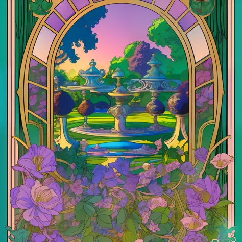 An enchanted garden, inspired by T-shirt design, with 32k quality, with Art Nouveau style, made with Pastel Colors, Captured by ...