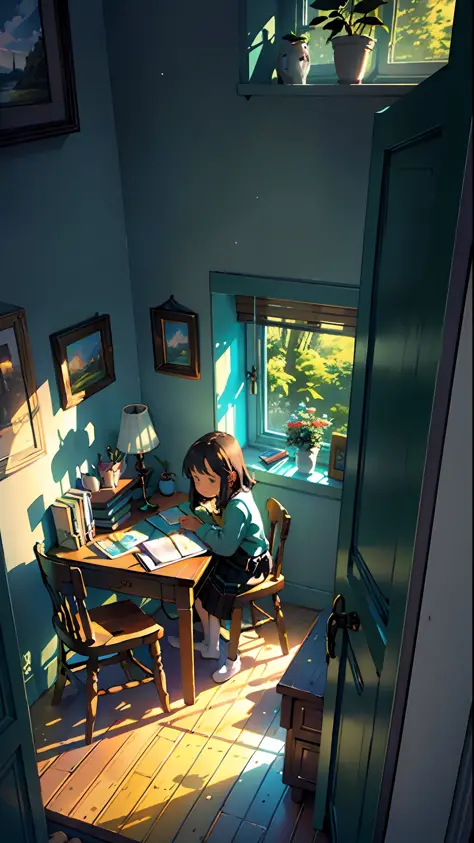 Cozy children's room, table, bed, many books, paintings, view from the window of the forest, sea, happiness, full color, multicolored, artificial, the highest detail, super quality, small details, highlights, neon lights, masterpiece