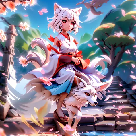 riding on a fox, fox girl, short hair, white hair, wolf ears, red eyes, detached long sleeves, white kimono, pleated miniskirt, ...