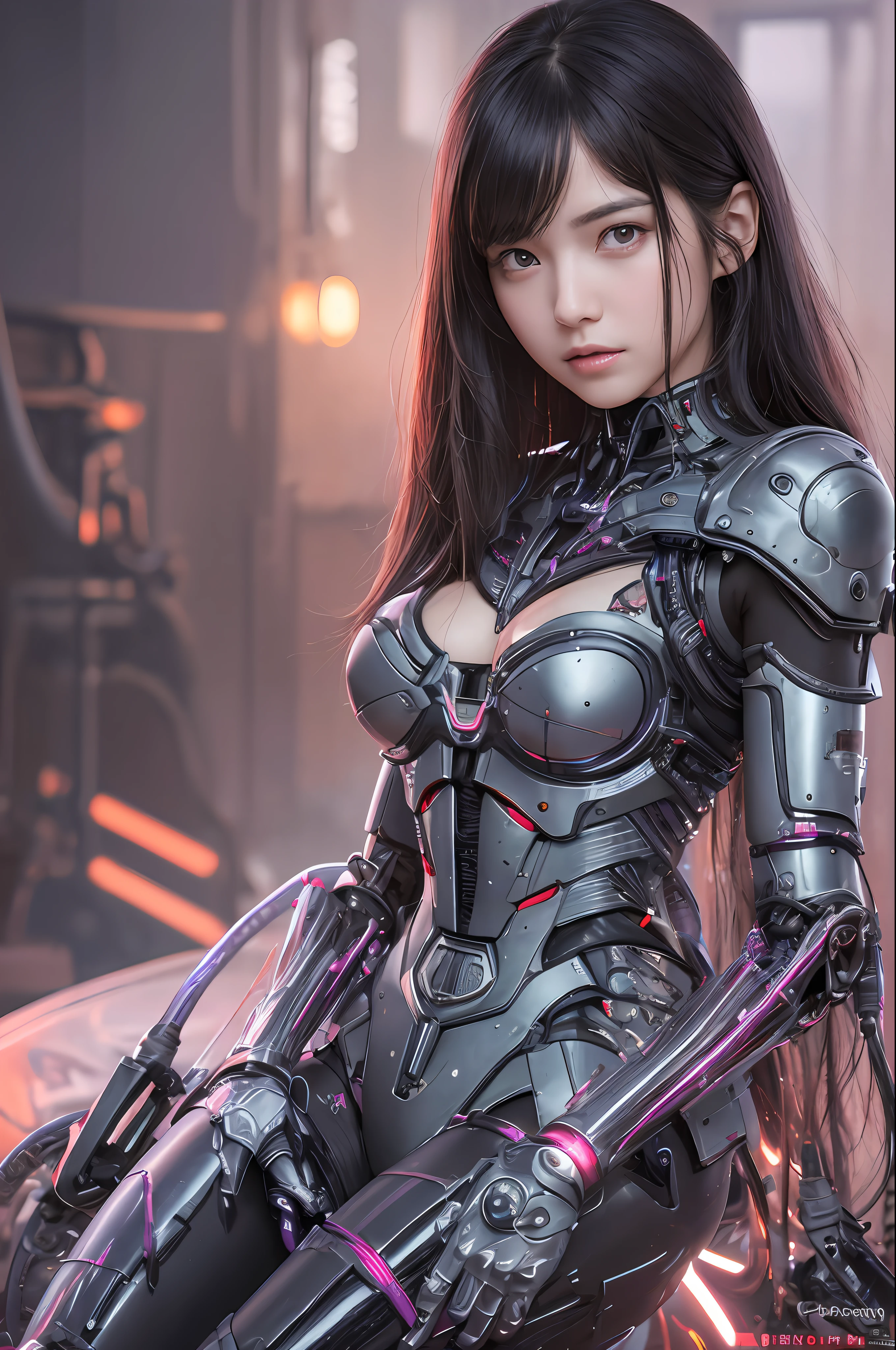 Top Quality, Masterpiece, Ultra High Resolution, (Photorealistic: 1.4), Raw Photo, 1 Girl, Black Hair, Glossy Skin, 1 Mechanical Girl, (Ultra Realistic Detail)), Portrait, Global Illumination, Shadows, Octane Rendering, 8K, Ultra Sharp, Big, Cleavage Exposed Raw Skin, Metal, Intricate Ornament Details, Japan Details, Very intricate details, realistic light, CGSoation trend, purple eyes, glowing eyes, facing the camera, neon details, mechanical limbs, blood vessels connected to the tube, mechanical vertebrae attached to the back, mechanical cervical attachment to the neck, sitting, wires and cables connecting to the head, gundam, small LED lamps,