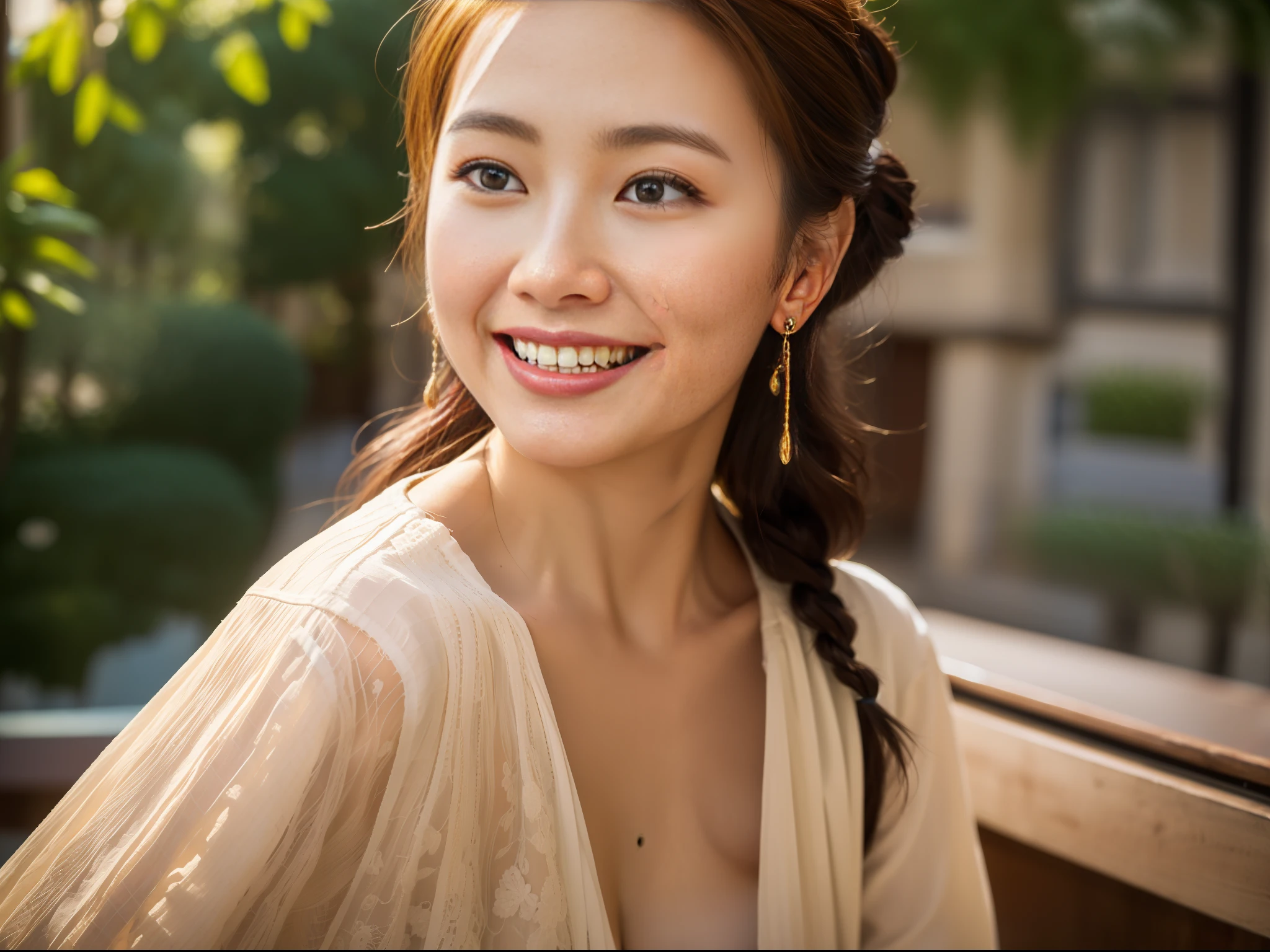 (masterpiece, 8K, UHD, professional color graded, raw photo, best quality:1.3),
(stunning Chinese woman:1.2),
flowy cream blouse,
golden drop earrings,
(smiling softly, hazel eyes:1.2),
loosely braided hair,
savoring espresso,
rustic café interior,
polished wooden counter,
richly frothed cappuccino,
flaky croissants,
worn-out leather seats,
(street view of Paris:1.1),
cobbled paths,
wrought iron lampposts,
classic Parisian buildings,
hanging floral baskets,
morning sunlight streaming,
warm colors,
serene,
gazing out the window,
comforting ambiance shot