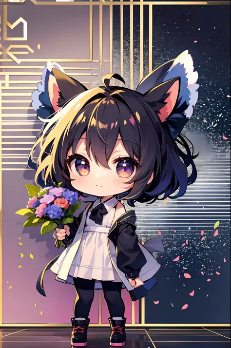 (Chibi: 1.3), happy, (holding a bouquet), full body,