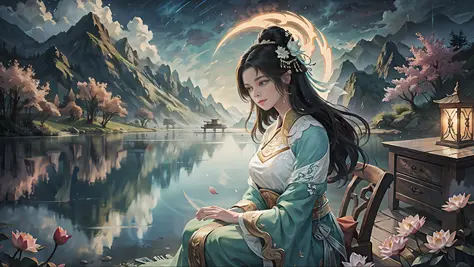Chinese ancient style, in the pavilion by the lake, a woman wearing traditional Chinese traditional white Hanfu, the woman sits on a chair in the pavilion, the woman looks at the lake, there is a tall tower standing on the surface of the mountain in the ba...