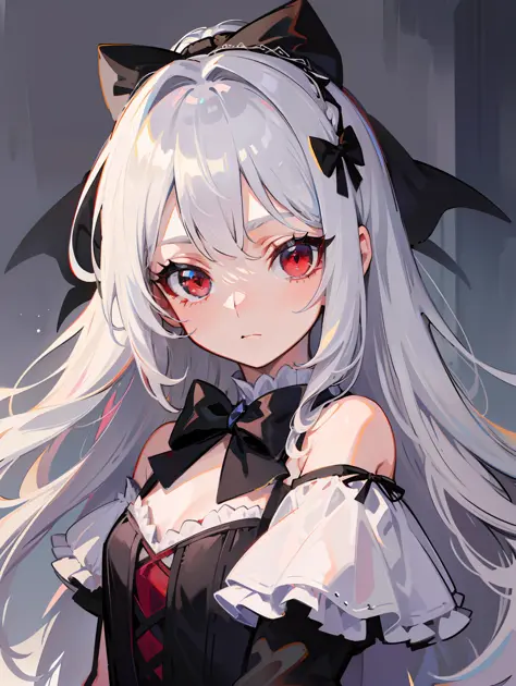 Sanni, loli, silver hair, flat chest, dress, off-the-shoulder, 8k, super detail, 16k, masterpiece, best quality, super detail, high details, long hair, princess cut, lolita, lolita outfit, red eyes, upper body, black bow, expressionless, nude