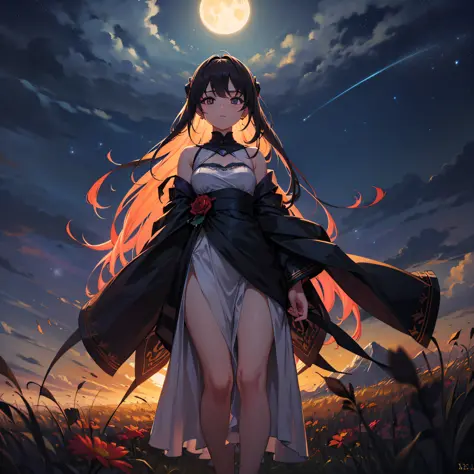 A wide landscape photo, (viewed from below, the sky is above, and the open field is below), a girl standing on a flower field looking up, (full moon: 1.2), (meteor: 0.9), (nebula: 1.3), distant mountains , Trees BREAK Crafting Art, (Warm Light: 1.2), (Fire...