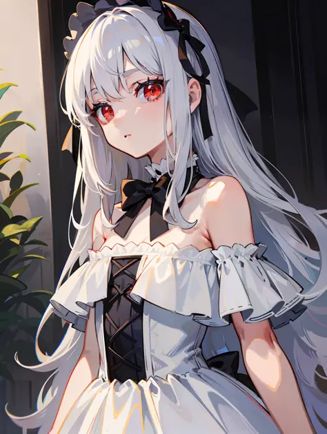 Sanni, loli, silver hair, flat chest, dress, off-the-shoulder, 8k, super detail, 16k, masterpiece, best quality, super detail, high details, long hair, princess cut, lolita, lolita outfit, red eyes, upper body, black bow, expressionless, naked
