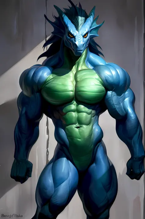 , by Bonifasko, anthro, solo, mighty, strong, powerful,  enormous muscles, muscular body, dragon, mesomorph, waist is very slim, shoulders is very wide, chest is very large, torso is very tall, small head, wall of incredible abs, mane, detailed background,...