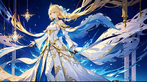 a girl, beautiful, otherworldly, tall, elegant, full body, long blonde hair, princess outfit, gold and silver decorations, armor...