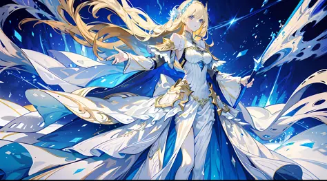 a woman, beautiful, otherworldly, tall, elegant, full-body, long blonde hair, princess dress, gold and silver decoration, armor,...