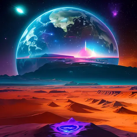[masterpiece], An Extraterrestrial Landscape, inspired by T-shirt design, with 32k quality, with Surrealist style, made with Neon Colors, Captured by DSLR Camera, in a total and centralized frame, with maximum detail and a wide view of the masterpiece. --a...