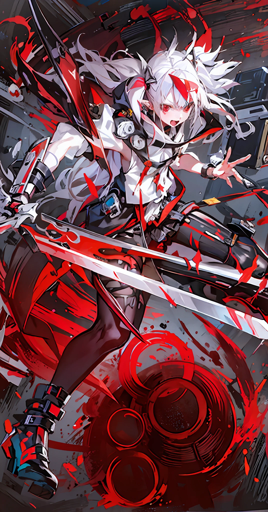 Anime character with sword and blood splattered background - SeaArt AI