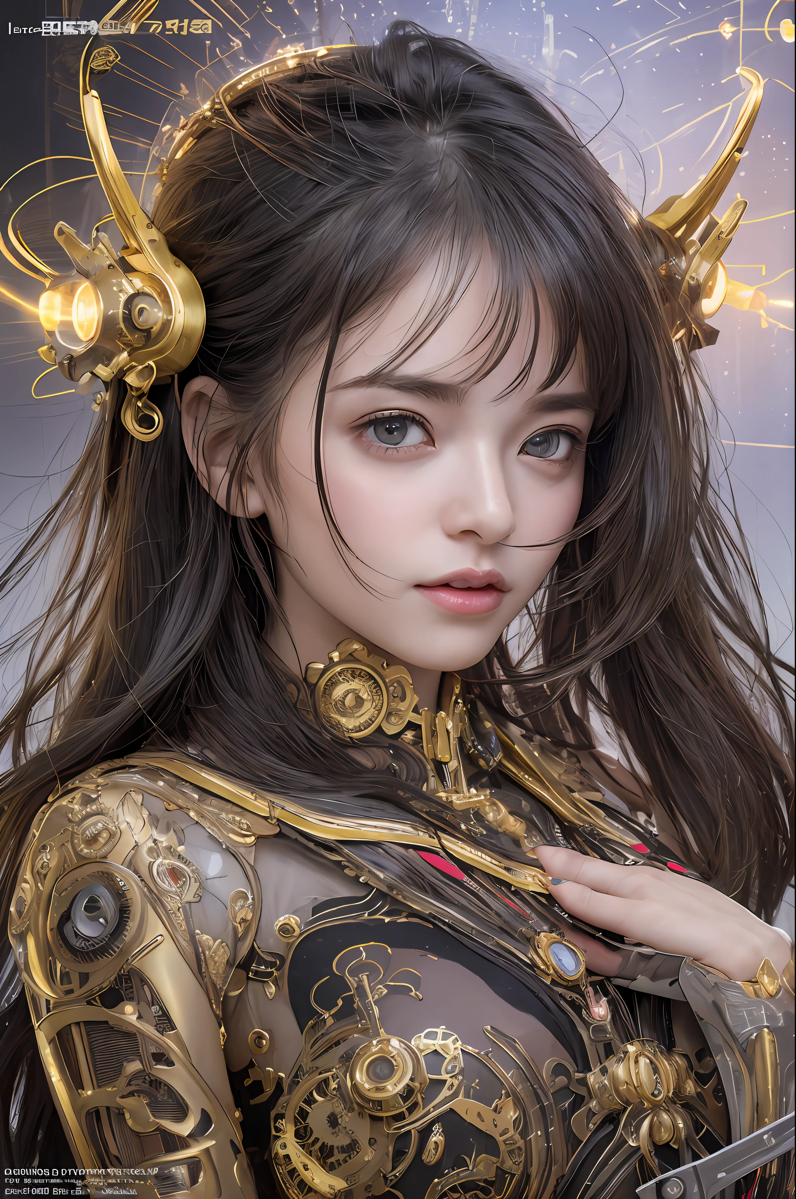 Top Quality, Masterpiece, Ultra High Resolution, (Photorealistic: 1.4), Raw Photo, 1 Girl, Black Hair, Glossy Skin, 1 Mechanical Girl, (Ultra Realistic Details)), Portrait, Global Illumination, Shadows, Octane Rendering, 8K, Ultra Sharp, Big, Cleavage Exposed Raw Skin, Metal, Detail of Intricate Ornaments, steampunk details, analog meters, gears, gears, golden hydraulic cylinders, very intricate details, realistic light, CGSoation trends, purple eyes, glowing eyes, facing the camera, neon details, mechanical limbs, blood vessels connected to tubes, mechanical vertebrae attached to the back, mechanical cervical attachment to the neck, sitting, wires and cables connecting to the head, Gundam, small LED lamps,