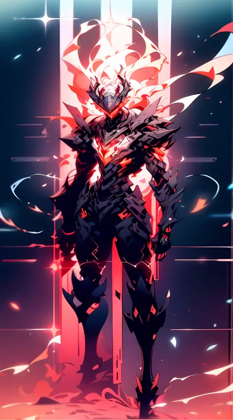 A mech, silver-white long ponytail and waist, V-shaped mechanical helmet, helmet eyes with red light, wearing a black sexy mech suit, white torn cape swaying in the wind, pull out a delicate red glowing sword: 1:1, standing in the flames with huge roaring ...