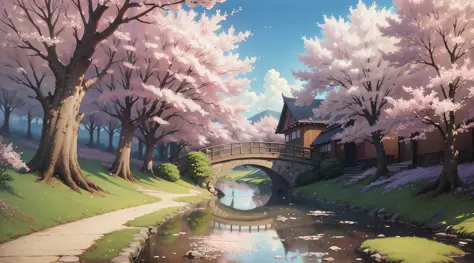 Realistic, real, beautiful and amazing landscape oil painting, Studio Ghibli, Hayao Miyazaki's, cherry blossoms