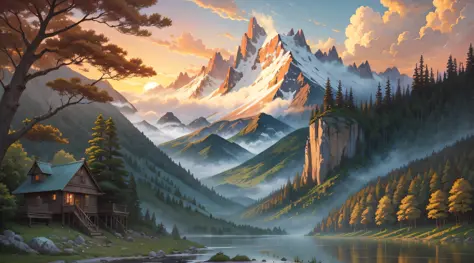Realistic, real, beautiful and amazing landscape oil painting, Studio Ghibli, Hayao Miyazaki, sunset, mountain