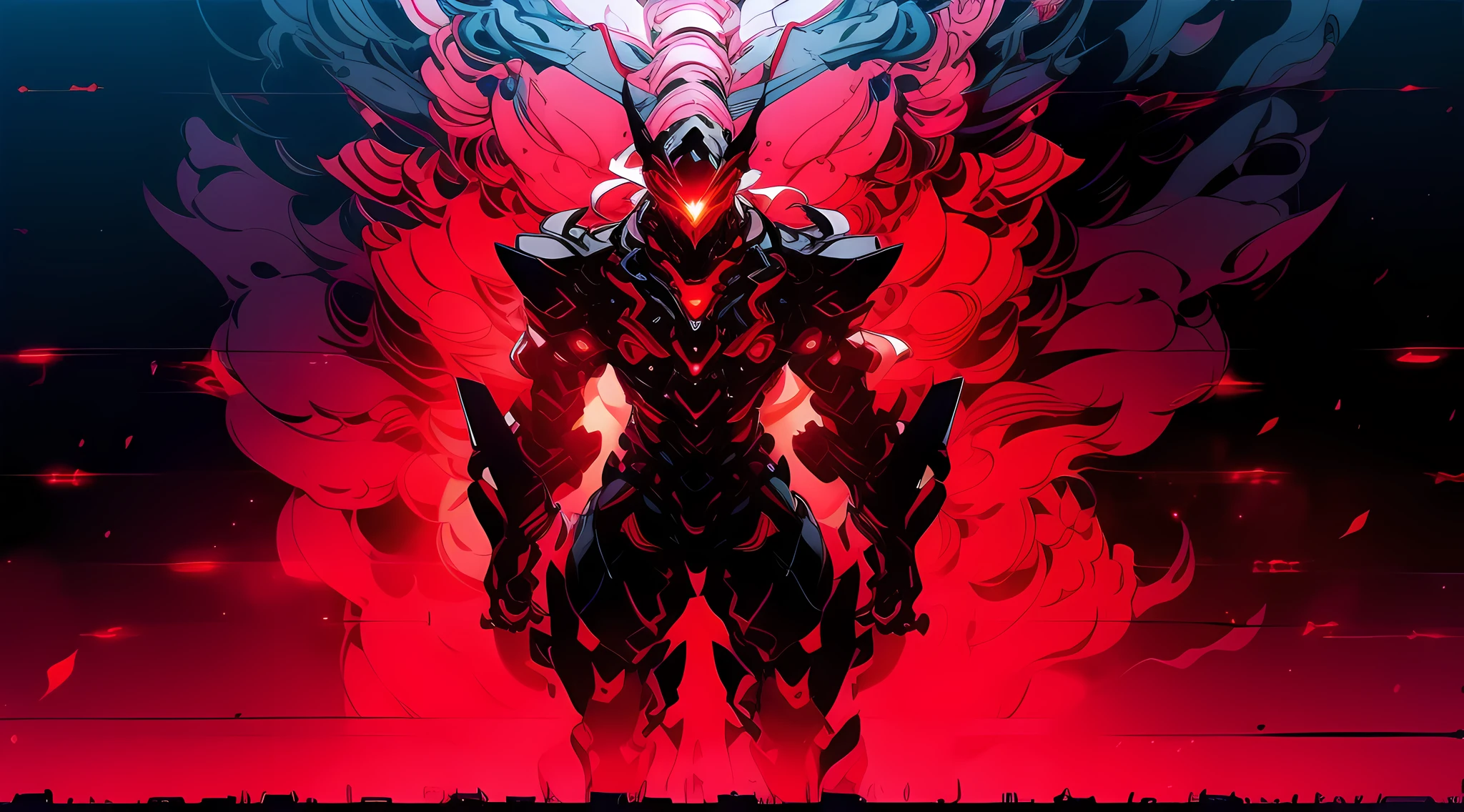 A mech, silver-white long ponytail and waist, V-shaped mechanical helmet, helmet eyes with red light, wearing a black sexy mech suit, white torn cape swaying in the wind, drawing a delicate red glowing sword, standing in the flames, huge roaring mechanical head and robotic arm in the background, lifelike, best image quality, highest definition and clarity, original, surrealism, high detail, futurism, action painting, chiaroscuro, ray tracing, motion blur, cowboy shot, battle pose drawing, Layering, full body display, cyberpunk style, close-up