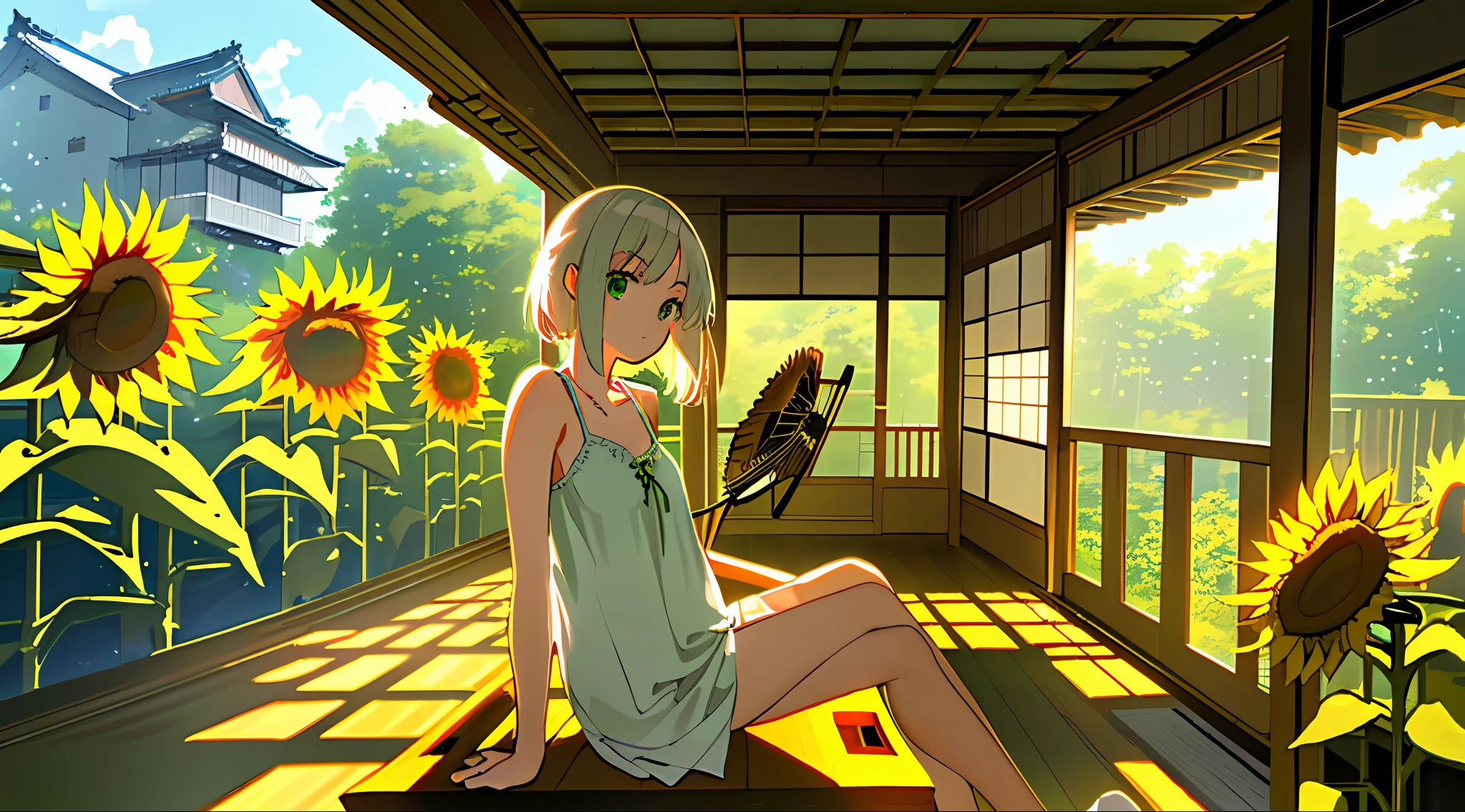 anime girl sitting on a bench in a sunflower covered room, summer afternoon, beautiful sunflower anime girl, anime style 4 k, anime visual of a cute girl, anime. soft lighting, best anime 4k konachan wallpaper, watching the sun set. anime, anime art wallpaper 8 k, painted in anime painter studio, made with anime painter studio