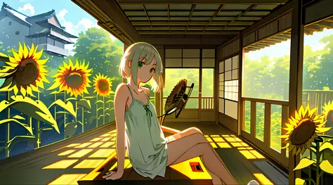 anime girl sitting on a bench in a sunflower covered room, summer afternoon, beautiful sunflower anime girl, anime style 4 k, an...