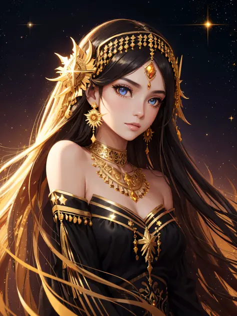 ((Half body photo)), facial close-up of a girl, long hair, gold headdress, gold earrings, gold streamers, off shoulder, (black d...