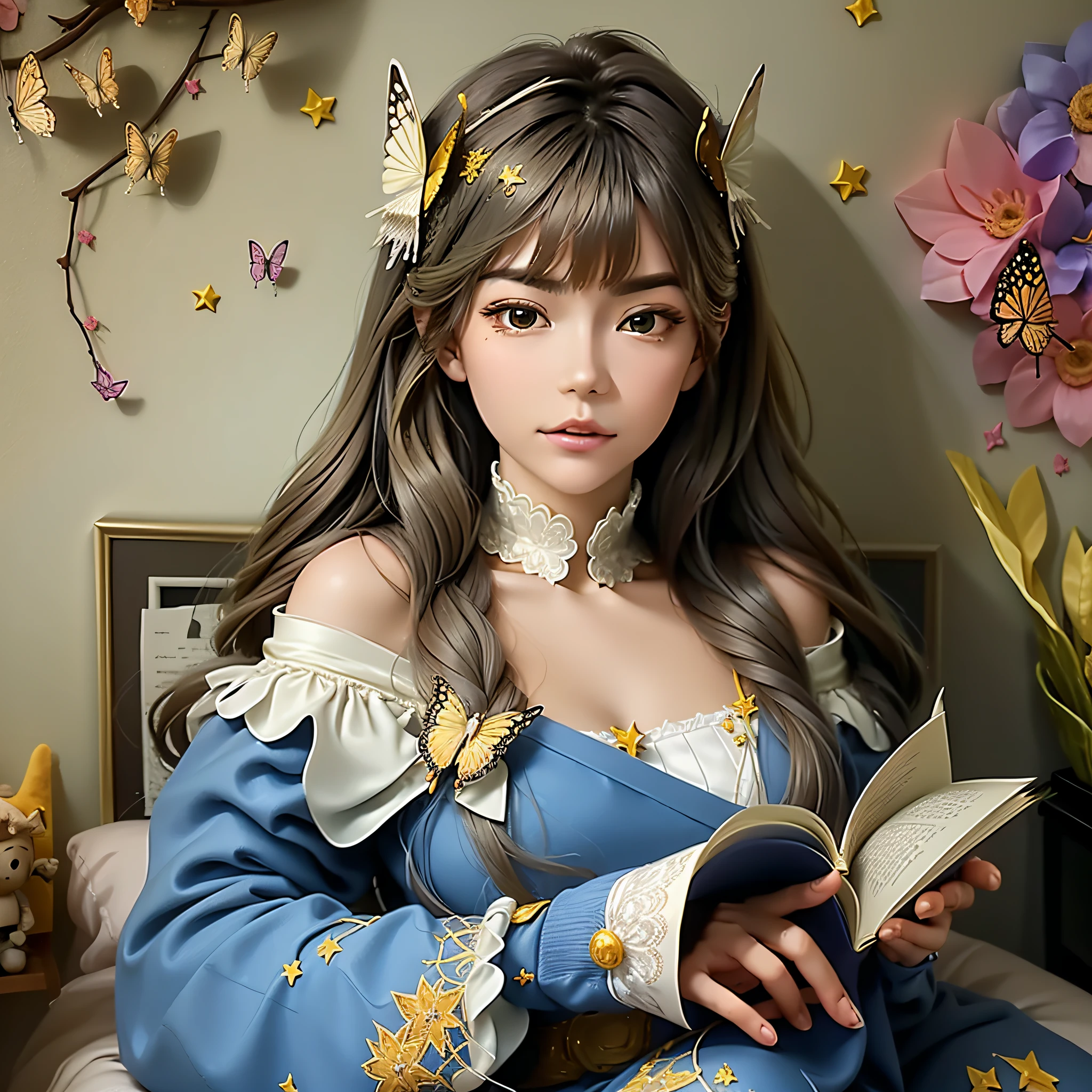 A beautiful woman reads, with fragments of pages and stars floating around her, strange butterflies flying on the book, a girl holding a doll in a feathered costume, and a lifelike painting of a sunshine tree hanging on the wall behind her.