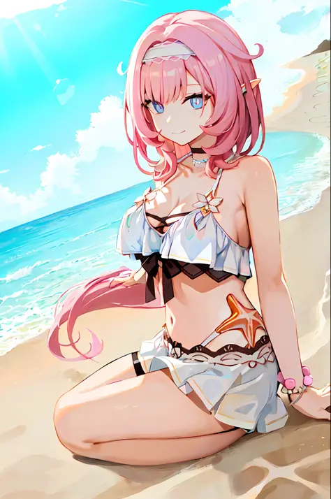 (Realistic painting style:0.9), masterpiece, best quality,  absurdres, elysia (summer miss elf) (honkai impact), (slit pupils, pink pupils:1.2), elysia (honkai impact), elf, pointy ears, 1girl, solo, pink hair, long hair, swimsuit, blue eyes, breasts, look...
