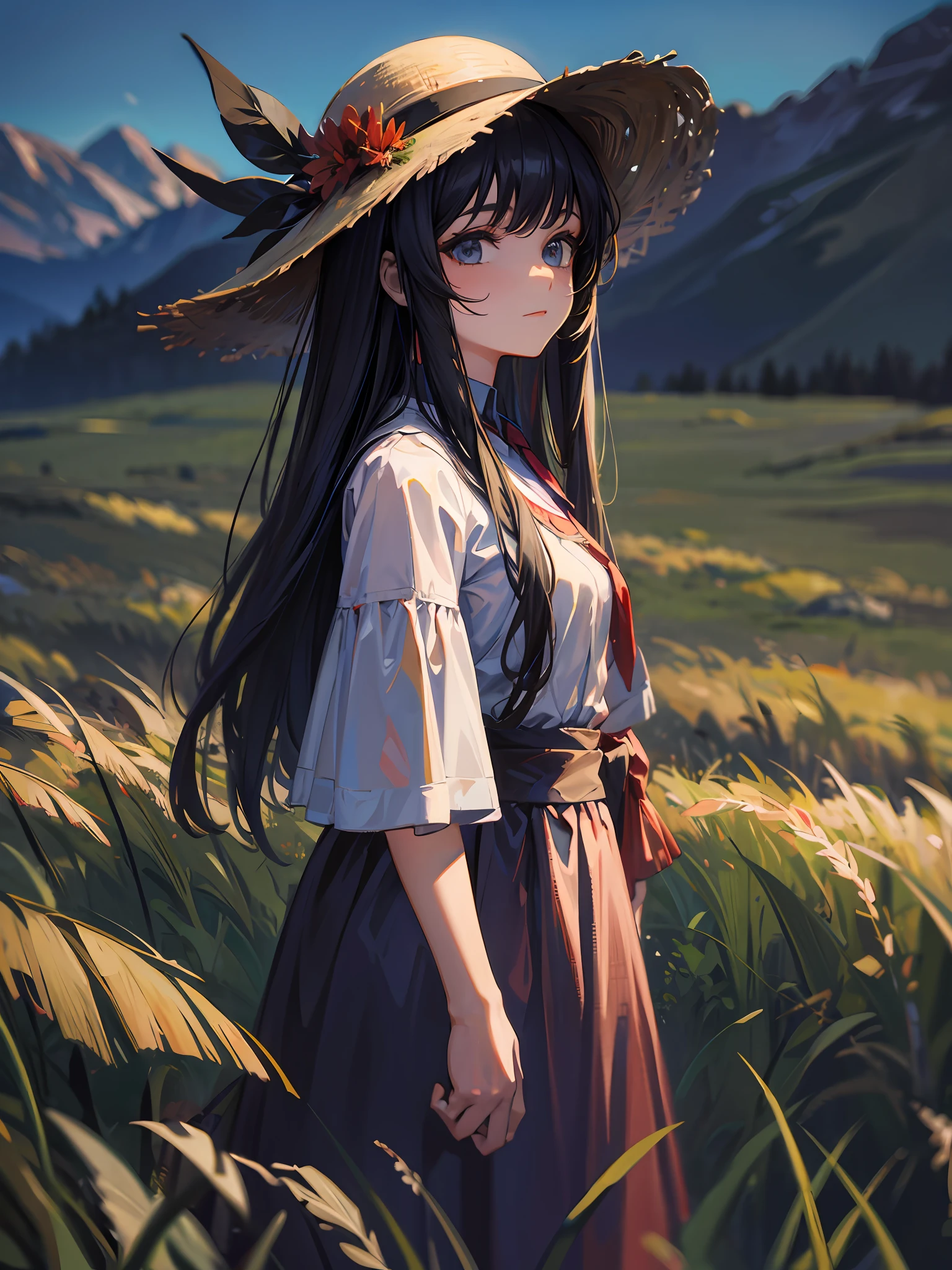 an oil painting of a feminine person in a field, standing near tall grass, 1girl, hat, solo, long hair