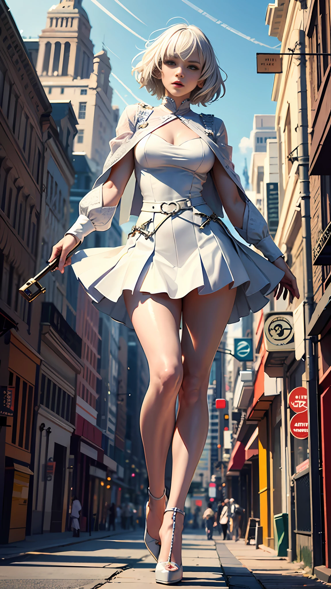 Mulher loira de vestido branco andando por uma rua da cidade - SeaArt AI