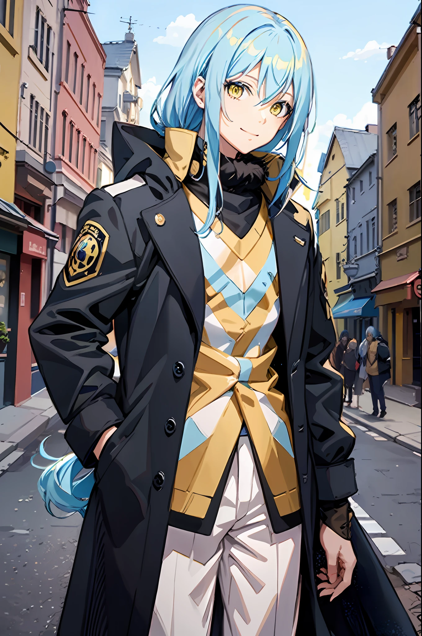 ((Best Quality)), ((Masterpiece)), (Details),Rimuru Tempest, Light Blue Hair, Yellow Eyes, Long Hair, Man's Daughter, Man's Body, Smile, Black Coat