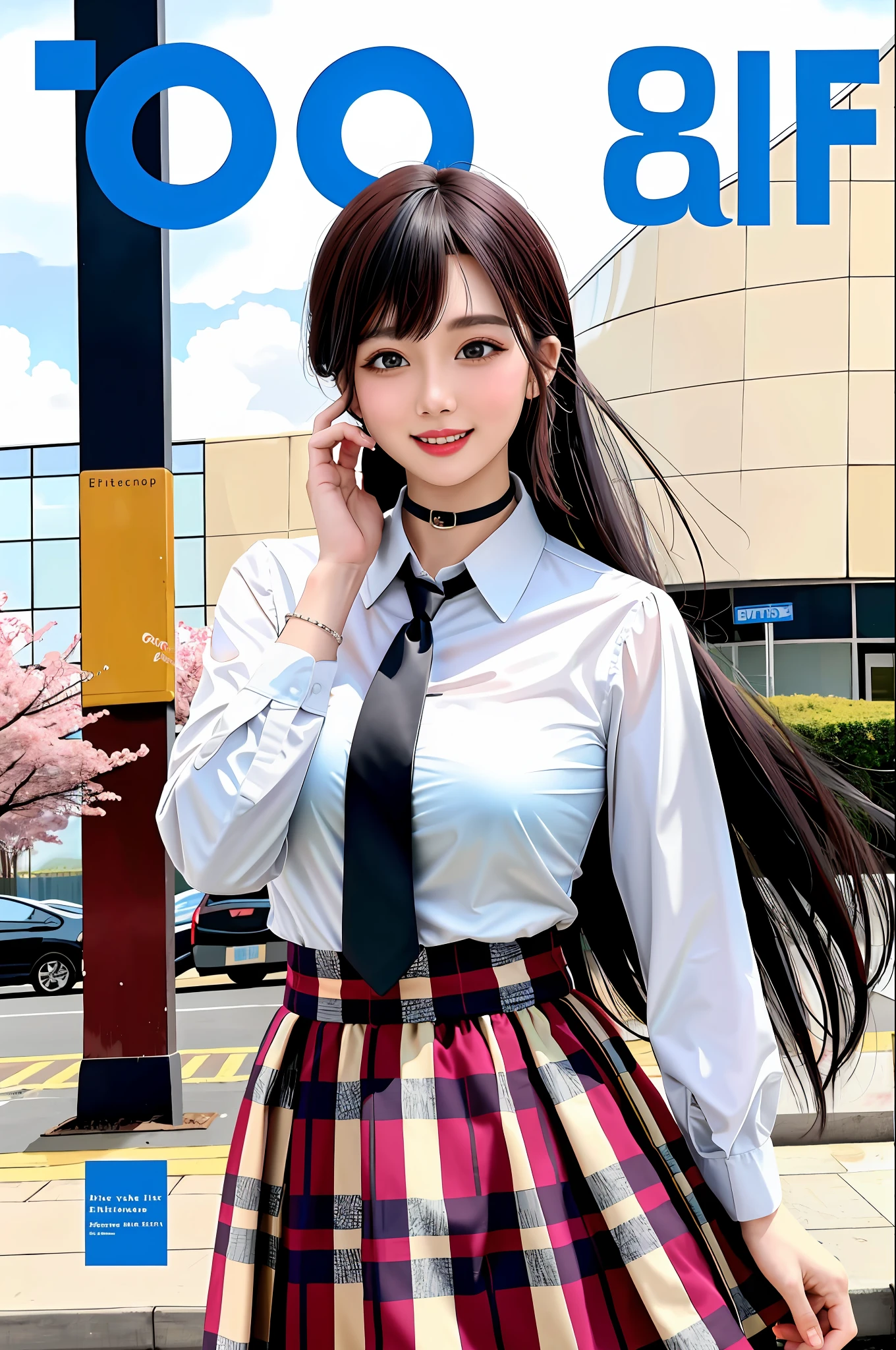 masterpiece, best quality, full body, 1girl, bangs, black choker, black necktie, black hair, blue skirt, blush, bracelet, breasts, choker, clothes around waist, collarbone, collared shirt, cowboy shot, dress shirt, ear piercing, eyebrows visible through hair, gradient hair, grin, gyaru, jewelry, kogal, long hair, looking at viewer, loose necktie, necktie, piercing, plaid, plaid skirt, pleated skirt, red eyes, ring, school uniform, shirt, skirt, smile, solo, white shirt, street, sky, cherry blossoms, petals,illustration, (magazine:1.3), (cover-style:1.3), fashionable, woman, vibrant, outfit, posing, front, colorful, dynamic, background, elements, confident, expression, holding, statement, accessory, majestic, coiled, around, touch, scene, text, cover, bold, attention-grabbing, title, stylish, font, catchy, headline, larger, striking, modern, trendy, focus, fashion,