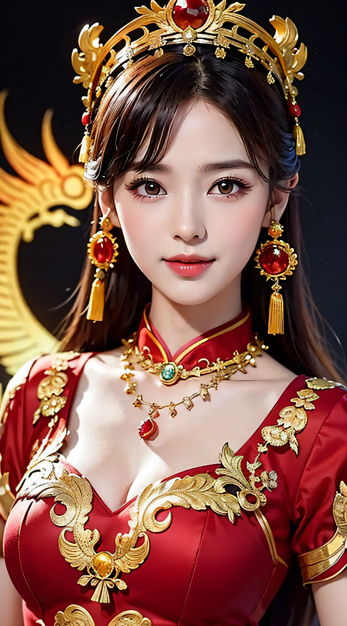 (8k, RAW Photo, Best Quality, Masterpiece: 1.2), (Realistic, Realistic: 1.37), 1 Girl, Woman in Red Dress and Headdress Posing for Photo, Gorgeous Role Play, Beautiful Costume, Chinese Dress, Complex Dress, Complex Costume, Traditional Beauty, Gorgeous Chinese Model, Chinese Costume, Wearing Gorgeous Costume, Wearing Elegant Chinese Xiuhe Dress, Chinese Wedding Dress, Phoenix Crown Xia Hanging, Antique Bride, Xiuhe Costume, Close Up, Wearing Phoenix Crown, Smile, No Watermark, Dragon and phoenix embroidered dress