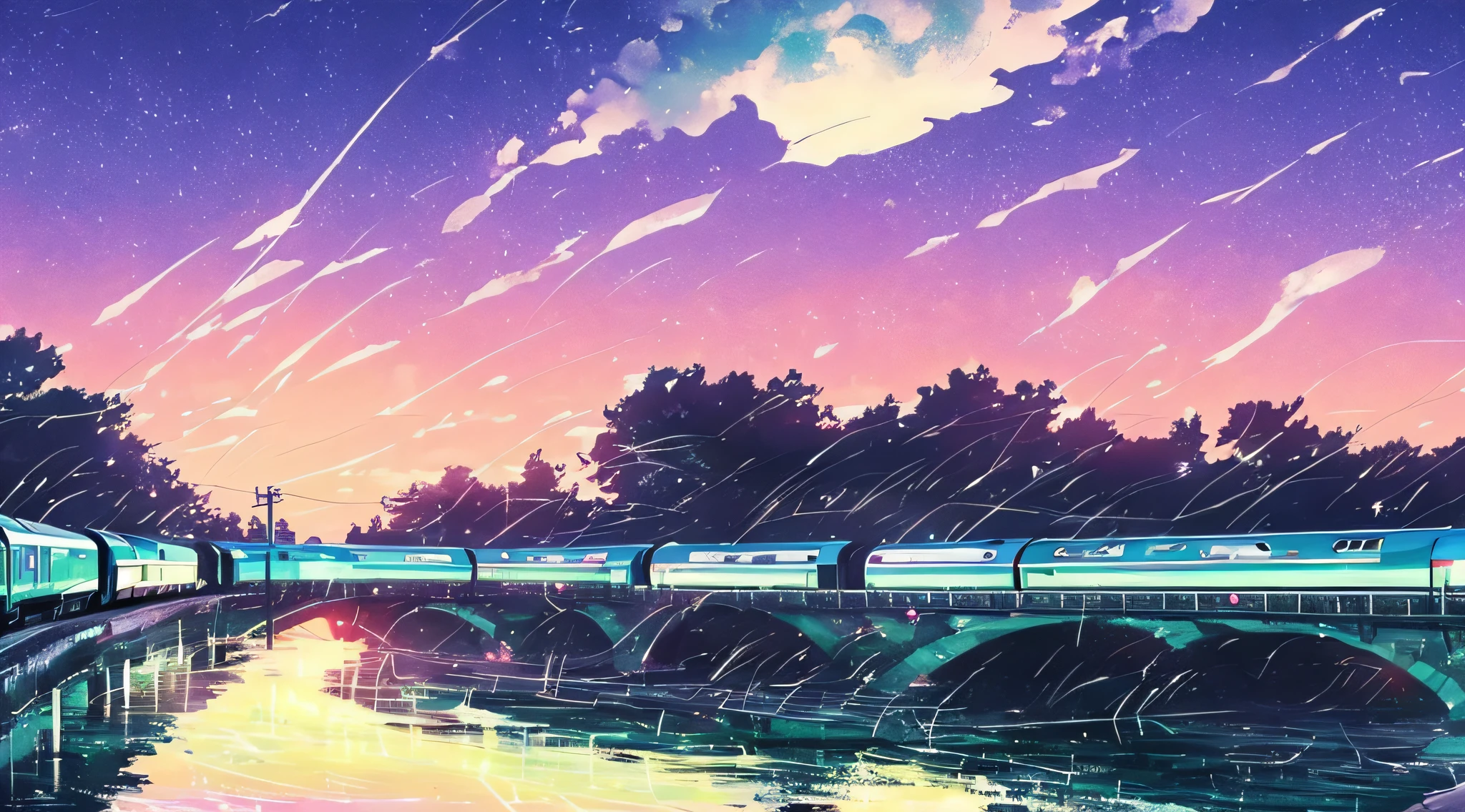 High quality masterpiece, landscape, anime train passing through bodies of water on tracks, bright starry sky. Romantic train, pixiv, concept art, lofi art style, reflection. by Makoto Shinkai, lofi art, Beautiful anime scene, Anime landscape, detailed scenery —width 672, in style of Makoto shinkai, style of Makoto shinkai, enhanced details.