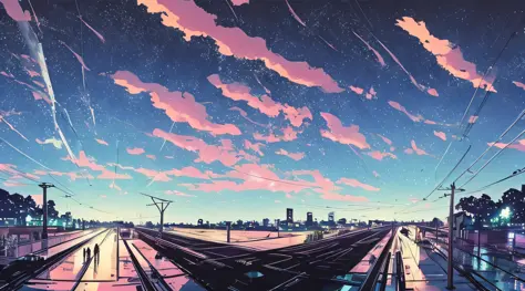 High quality masterpiece, landscape, anime train passing through bodies of water on tracks, bright starry sky. Romantic train, p...
