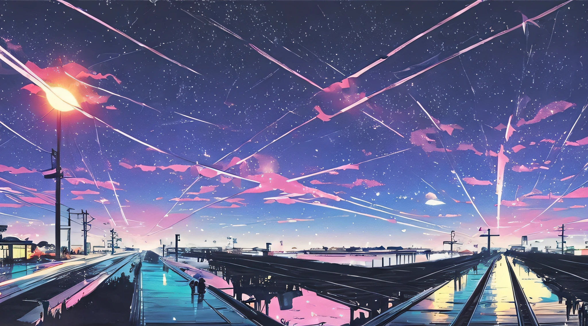 obra-prima de alta qualidade, paisagem, trem de anime passando por corpos d’água nos trilhos, céu estrelado brilhante. Trem romântico, pixiv, arte conceitual, Estilo Lofi style, reflexão. por Makoto Shinkai, Estilo Lofi, Linda cena de anime, Anime paisagem, cenário detalhado - largura 672, in estilo de Makoto Shinkai, estilo de Makoto Shinkai, detalhes aprimorados.