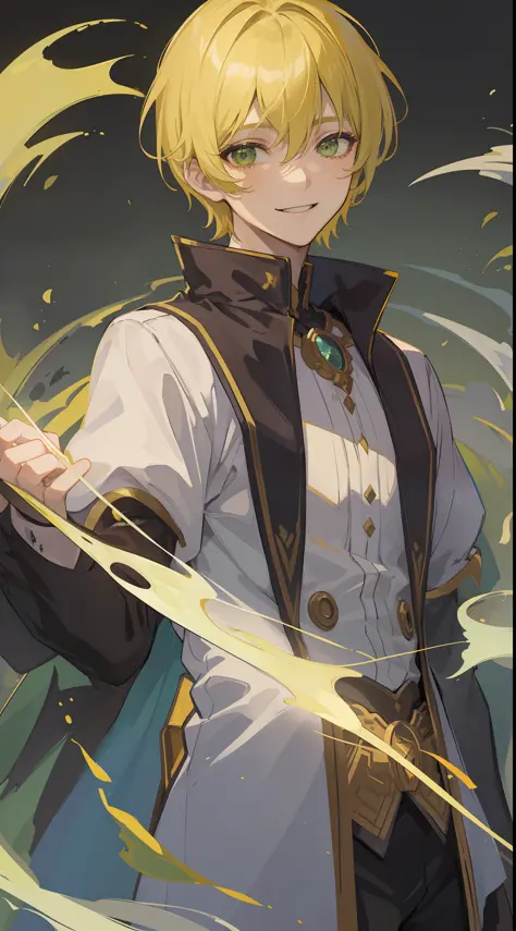 1mysterious man, green eyes, light-yellow short hair and wear king cloth, he is the emperor ((21 year old face)) ((smile evil)