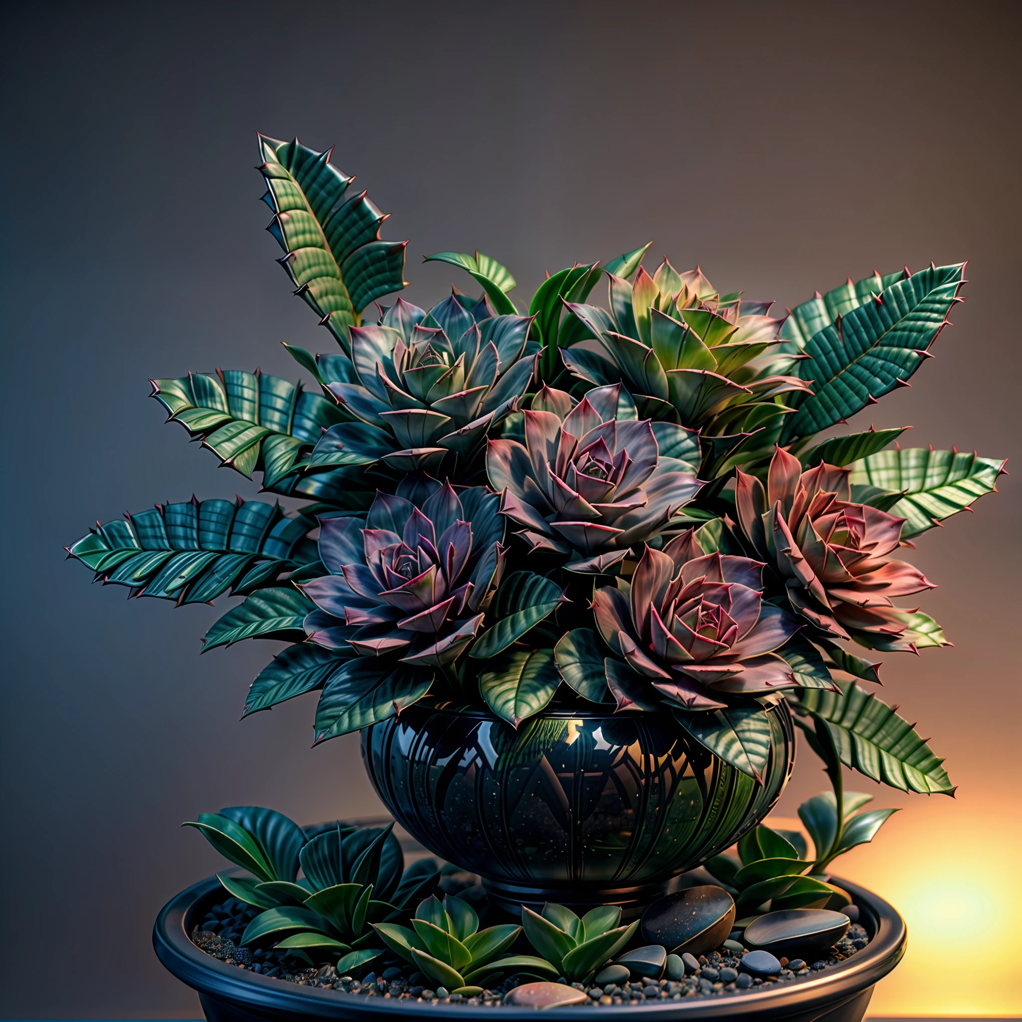 (Photorealistic, 3D, octane rendered, 8k, 4k, high quality, high resolution, high definition, realistic, best quality, volumetric lighting, cinematic lighting, natural colour scheme, contrast, coloured, very detailed:1.2), (succulent plant echeveria:1.4), with very detailed coloured leafs, in a festive pot, many magical effects, shelf with plants on the background, photoshoot, photoreal, dramatic effect lighting, fantasy00d