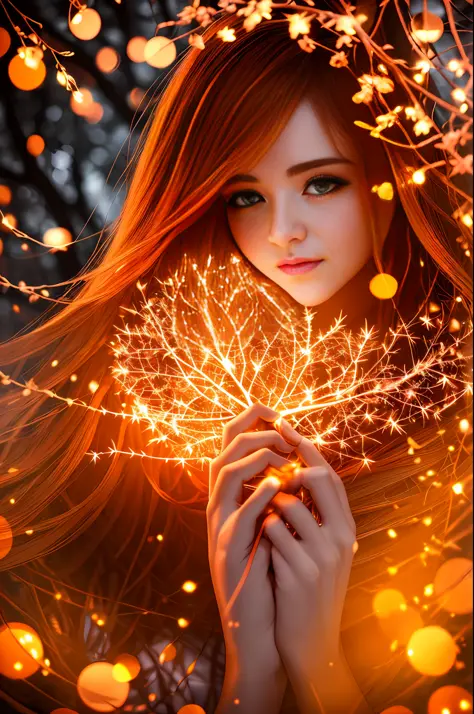 Beautiful Young Woman covered with tree branches , bright orange white glowing heart visible from human, Night time , colorful, ...