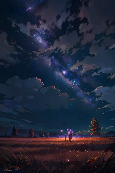 starry night sky with a couple of trees and a field, endless cosmos in the background, cosmic skies. by makoto shinkai, starry s...
