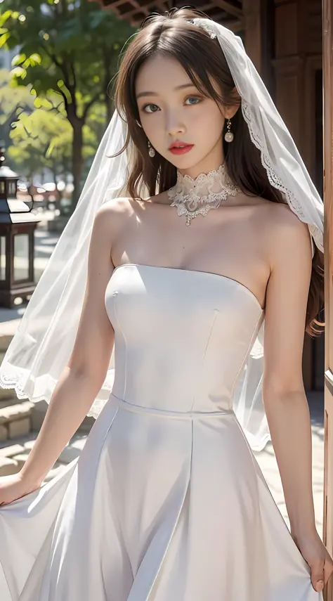 Wearing a long white dress wedding dress, next to her stood a handsome man in a suit, and they held their wedding in the wedding hall
