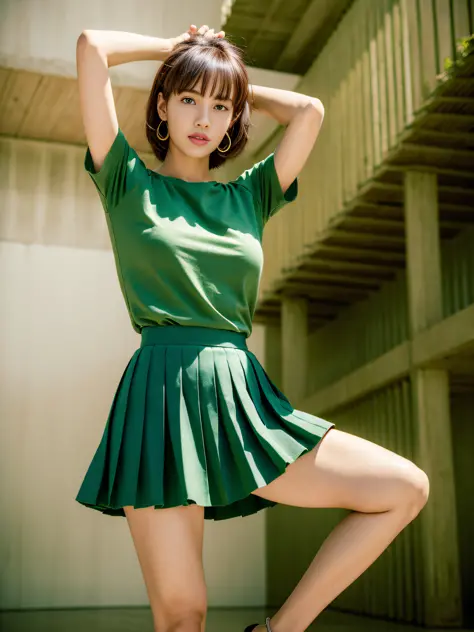 Lisa, wearing green T-shirt, open waist, pleated skirt, long legs, masterpiece, superlative, realistic, HD, photographic lightin...