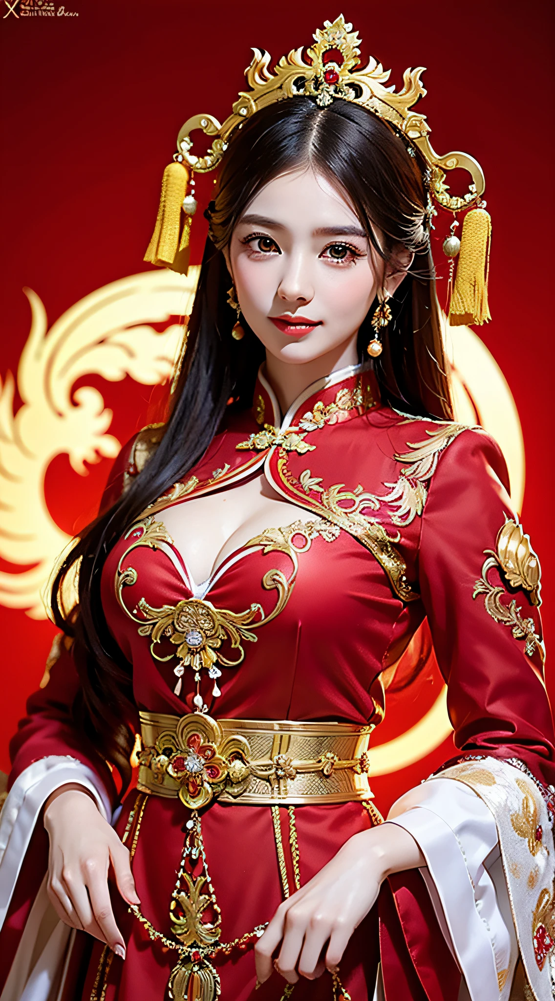 (8k, RAW-Foto, beste Qualität, Meisterwerk: 1.2), (Realistisch, Realistisch: 1.37), 1 Mädchen, Frau im roten Kleid und Kopfschmuck posiert für Foto, Wunderschönes Rollenspiel, Schönes Kostüm, chinesisches kleid, komplexes Kleid, Komplexes Kostüm, traditionelle Schönheit, wunderschönes chinesisches Modell, Chinesisches Kostüm, Ein wunderschönes Kostüm tragen, trägt ein elegantes chinesisches Xiuhe-Kleid, Chinesisches Hochzeitskleid, Phoenix Krone Xia Hängend, antike braut, Xiuhe-Kostüm, Nahaufnahme, Das Tragen einer Phönixkrone, lächeln, kein Wasserzeichen, Kleid mit Drachen- und Phönixstickerei