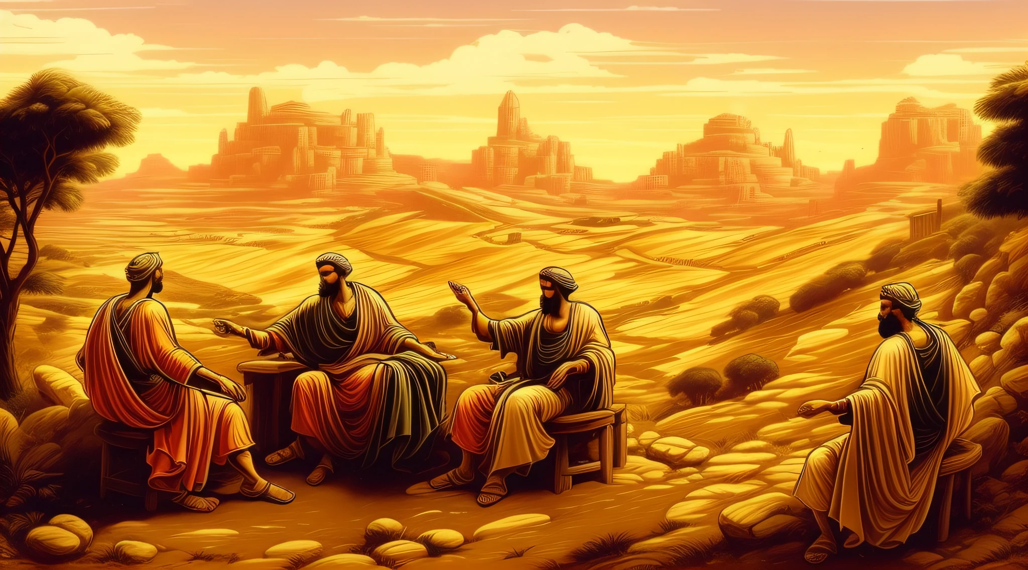 they are two men who are sitting down together in the dirt, joseph and joseph, biblical art, biblical painting, epic biblical depiction, reassuring, by Harold von Schmidt, bible illustration, biblical image, astonishing detail, by joseph binder, spiritual scene, ancient biblical, peter, realistic depiction, biblical art style, by Jason Felix, powerful scene, masterpiece work of art