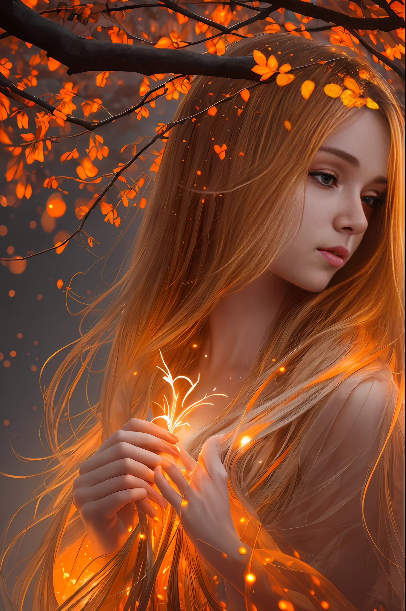 Beautiful Young Woman covered with tree branches , bright orange white glowing heart visible from human, Night time , colorful, photography hyperdetailed cinematic lighting hdr, softbox lighting, extreme detail --auto --s2