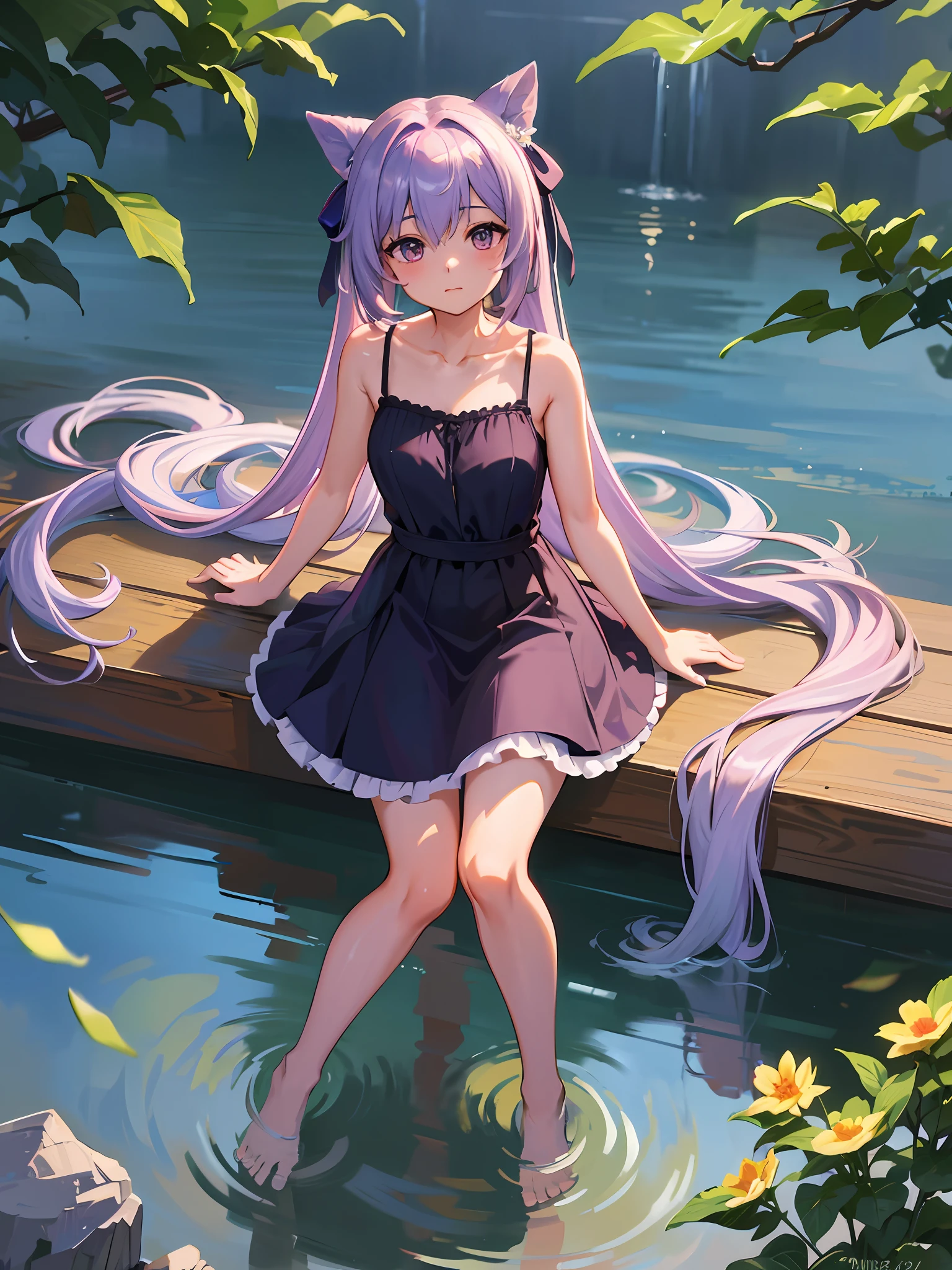 ((Best Quality, 8K, Masterpiece: 1.3)), {{Masterpiece}}, Illustration, Best Quality, Very Detailed CG Unity 8k wallpaper, 1girl_solo, full_body, from_top, looking_at_viewer, looking_up, (White Pantyhose: 1.3), Purple Hair, Double Tail, (Nude Dress: 1.3), hair_ribbon, Strong Edge Light, Lake, Flowers, Rain, clothes splash, (wet clothes: 1.6), 16 years old, good figure, sexy and attractive woman, sitting, collarbone, slip sleeveless dress, Sleeveless, The arms are unobstructed,