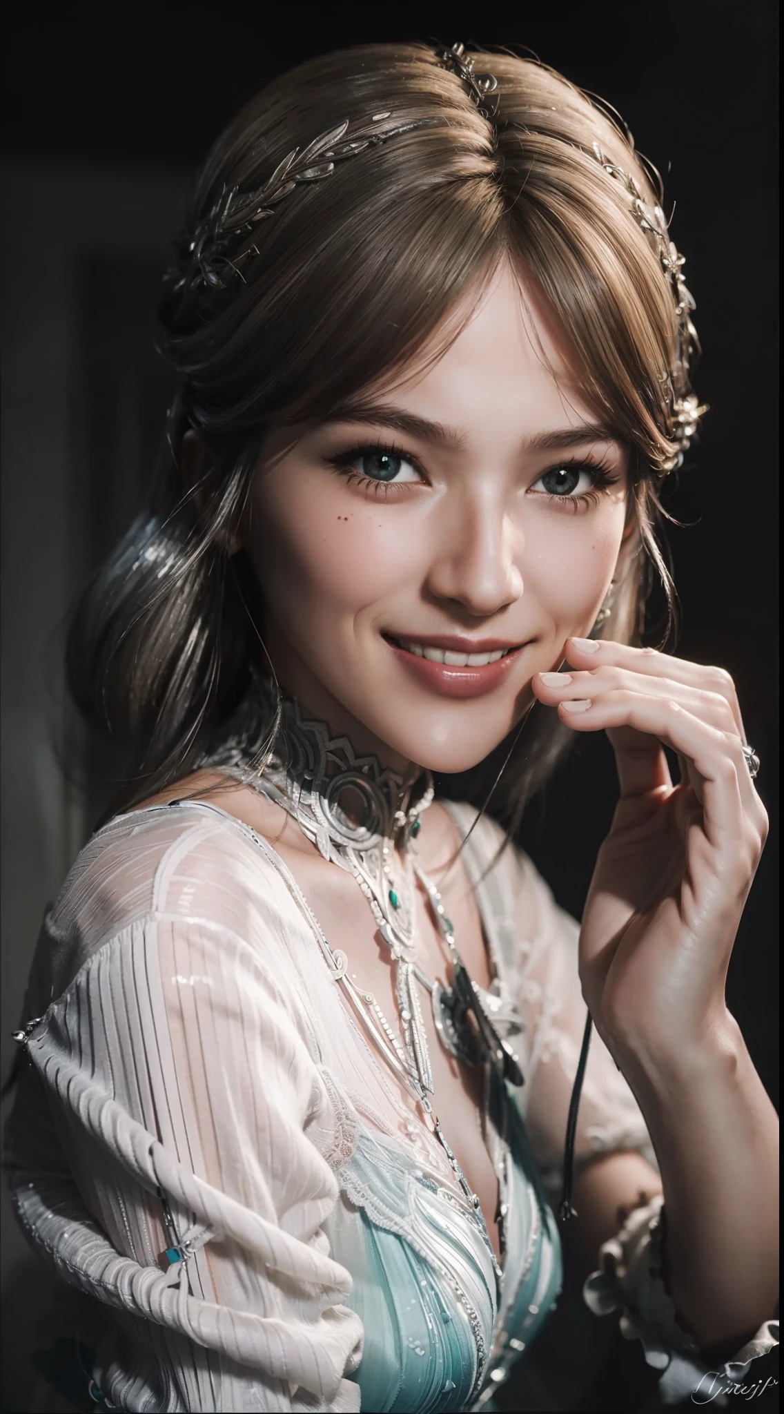 Best quality, masterpiece, ultra high res, (photorealistic:1.4), raw photo, 1girl, silver hair, Formal Updo,shiny skin, dramatic lighting,(smile:1.2),ningrongrong