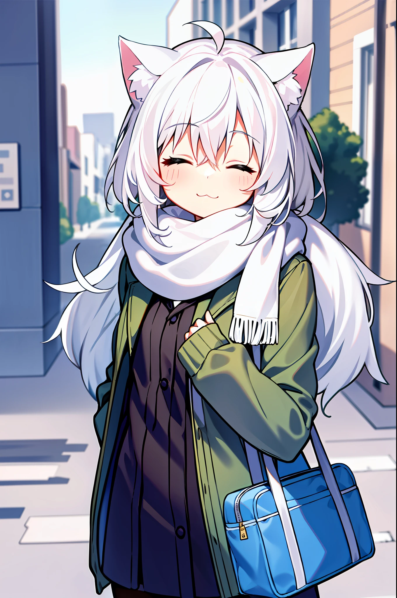 masterpiece, best quality, 1girl, white hair, medium hair, cat ears, closed eyes, looking at viewer, :3, cute, scarf, jacket, outdoors, streets,