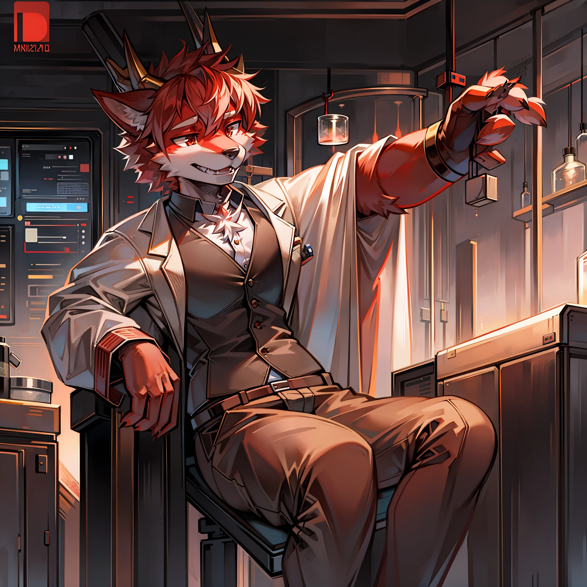 Пушистый красный волк, одетый как учёный в лаборатории, с 4 рогами дракона.