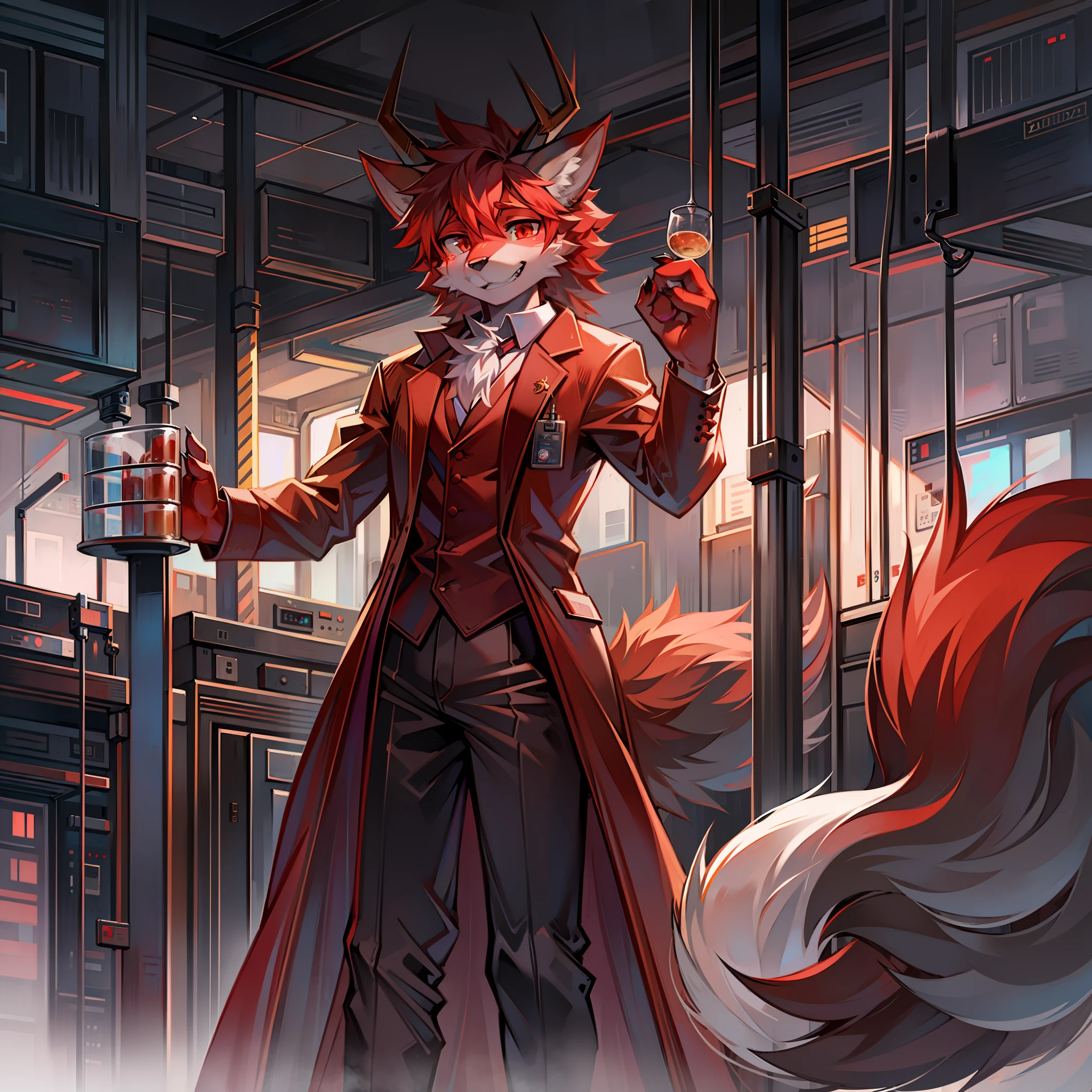 Pelziger roter Wolf, verkleidet als Wissenschaftler in einem Labor mit 4 Drachenhörnern.