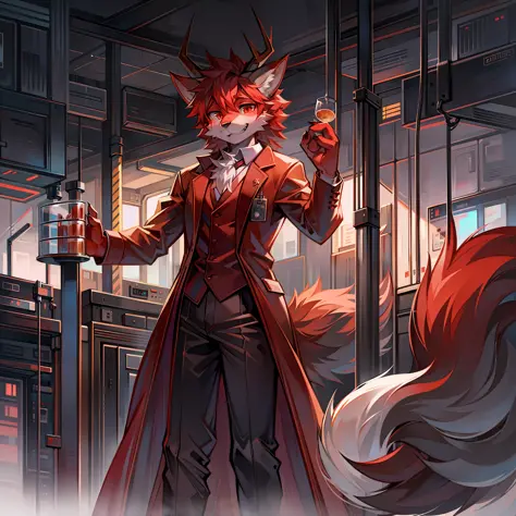 Furry Red Wolf Dressed as a scientist in a laboratory with 4 dragon horns.